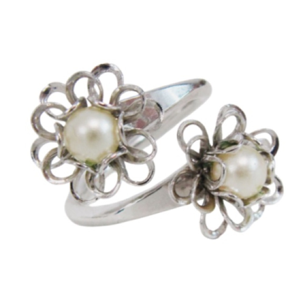 Rare Vintage Emmons Silver Faux Pearl Twist Vine Floral Ring